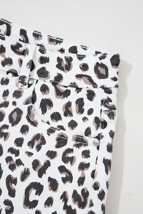 White Leopard Frayed Hem Denim Shorts